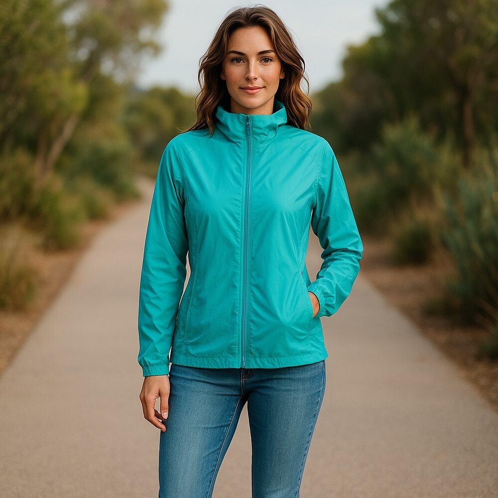 Columbia Women's Teal Rain Jacket M Lightweight Hooded Windbreaker‎ Full Zip